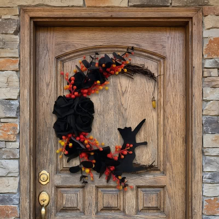 Olivenorma Plastic Dried Twigs Wood Cutout Cat Wreath Mysterious Protection Symbol Door Decoration - Black-Orange - image 16