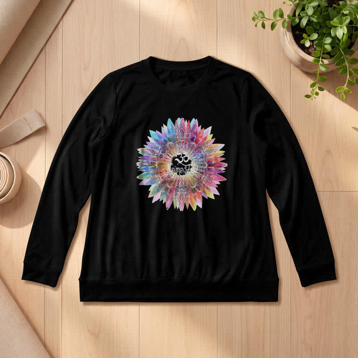 Olivenorma Soft Cotton Blend Rainbow Om Namaste Mandala Art Print Women's Long Sleeve Shirt - Black - 2XL - image 3