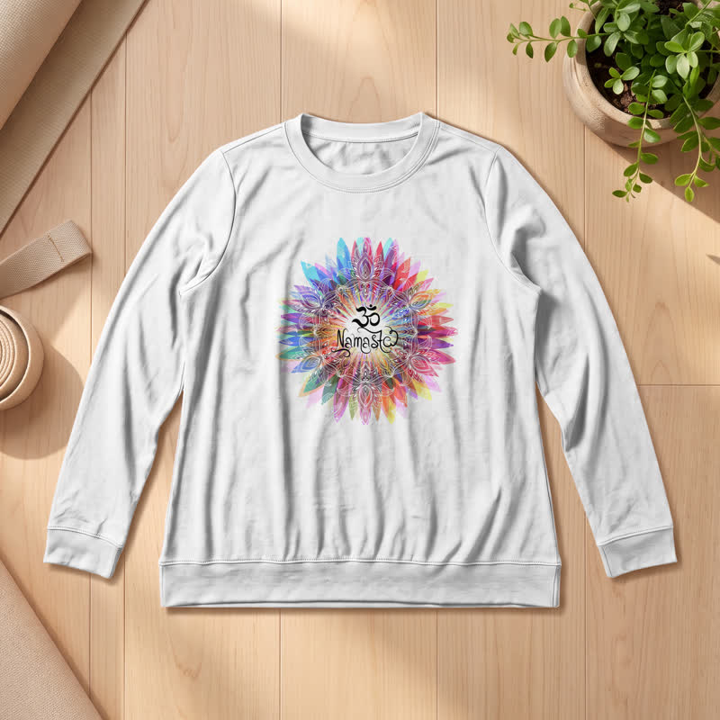 Olivenorma Soft Cotton Blend Rainbow Om Namaste Mandala Art Print Women's Long Sleeve Shirt - White - 2XL - image 0