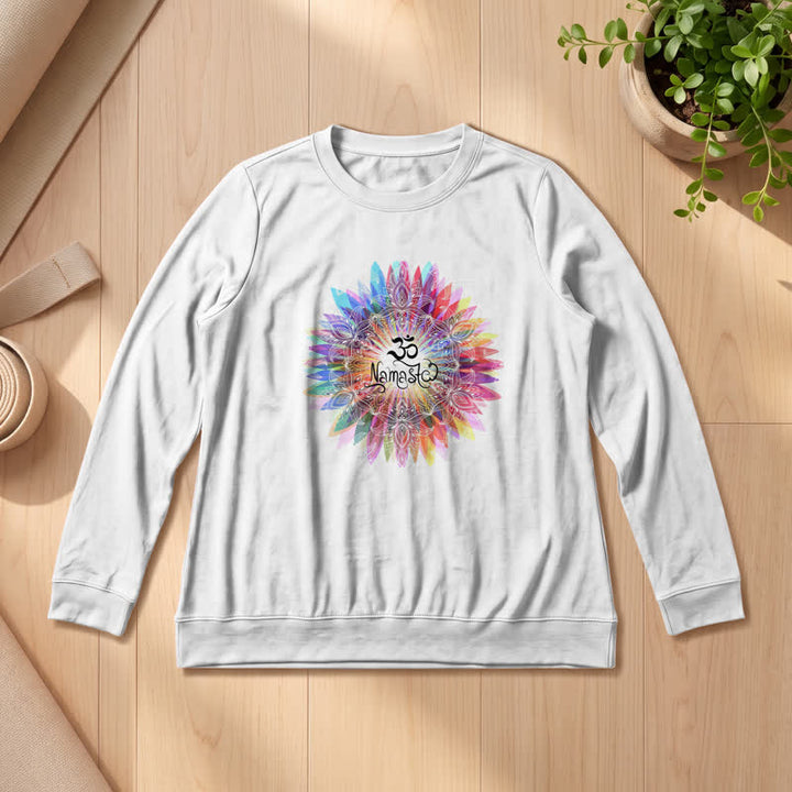 Olivenorma Soft Cotton Blend Rainbow Om Namaste Mandala Art Print Women's Long Sleeve Shirt - White - 2XL - image 0