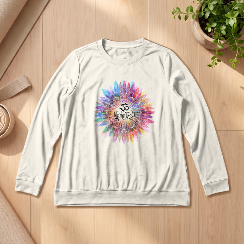 Olivenorma Soft Cotton Blend Rainbow Om Namaste Mandala Art Print Women's Long Sleeve Shirt - Sand Color - 2XL - image 9