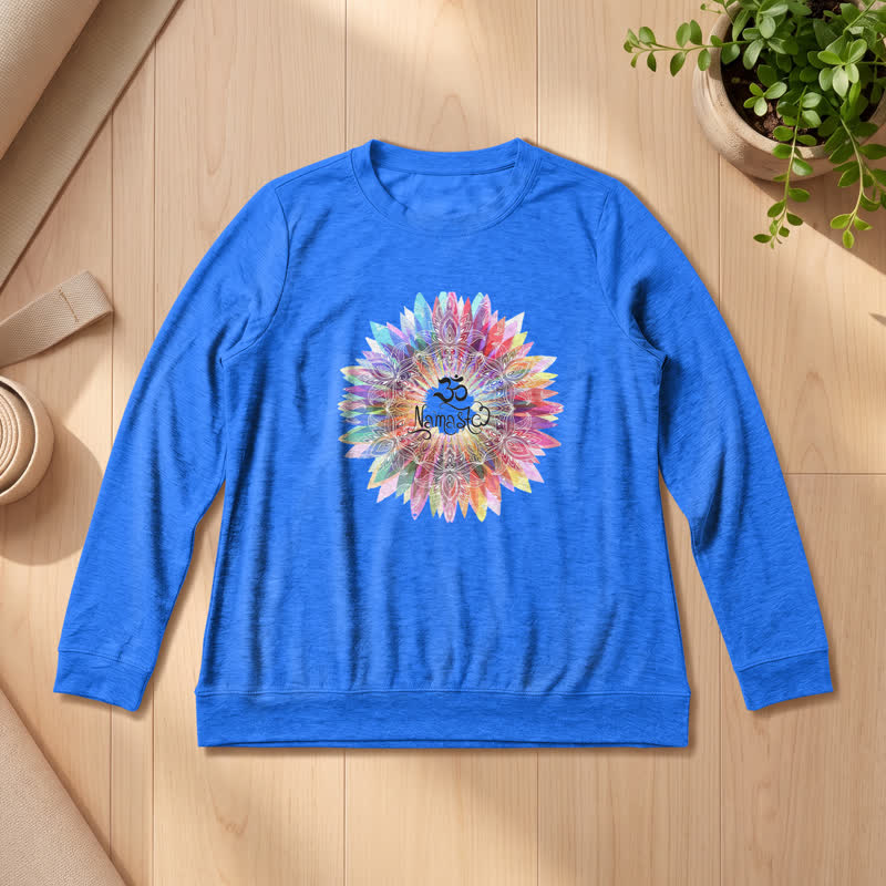 Olivenorma Soft Cotton Blend Rainbow Om Namaste Mandala Art Print Women's Long Sleeve Shirt - Vintage Blue - 2XL - image 15