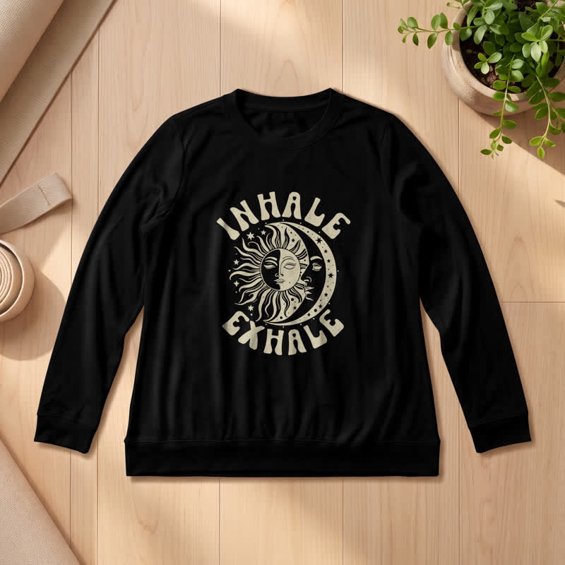 Olivenorma Soft Cotton Blend Sun Moon Inhale Exhale Print Women's Long Sleeve Shirt - Black - 2XL - image 6