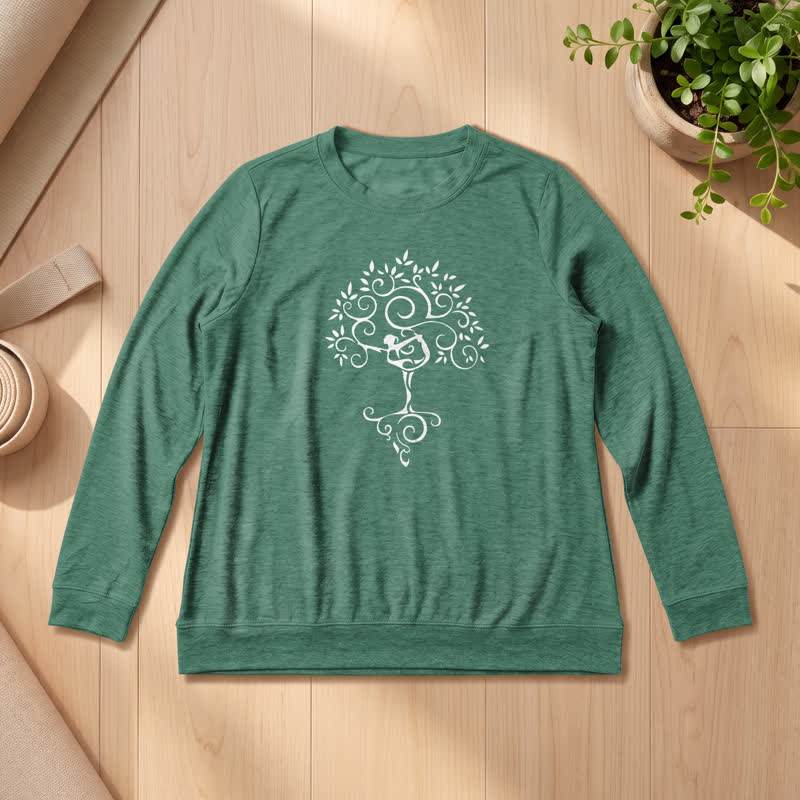 Olivenorma Soft Cotton Blend Yoga Tree Art Print Women's Long Sleeve Shirt - Vintage Green - 2XL - image 0