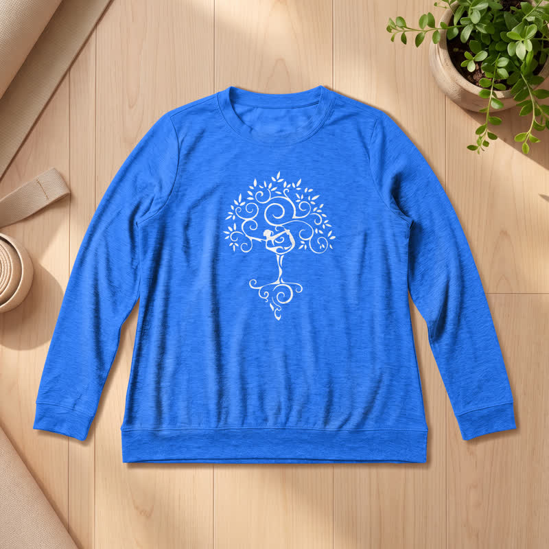 Olivenorma Soft Cotton Blend Yoga Tree Art Print Women's Long Sleeve Shirt - Vintage Blue - 2XL - image 18