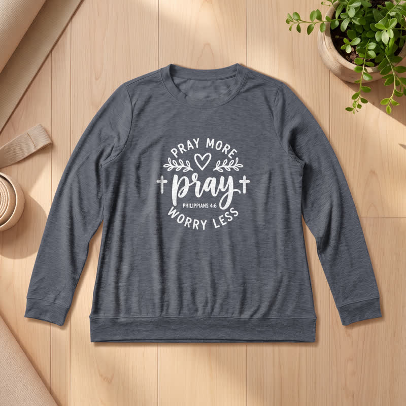Olivenorma Soft Cotton Blend Pray More Worry Less Print Women's Long Sleeve Shirt - Heather Gray - 2XL - image 15