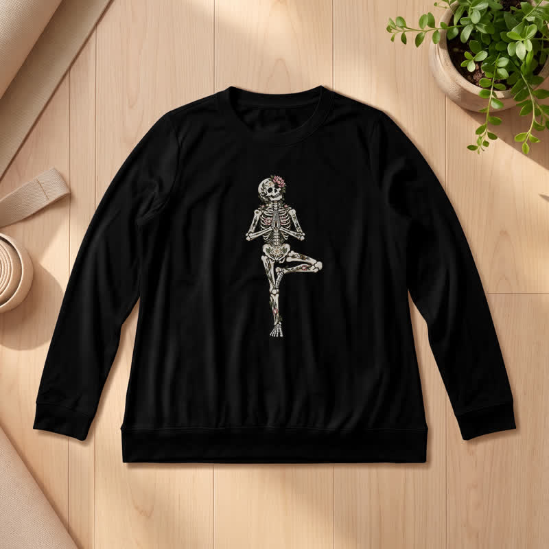 Olivenorma Cotton Blend Lotus Skeleton Art Print Women's Long Sleeve Shirt - Black - 2XL - image 0