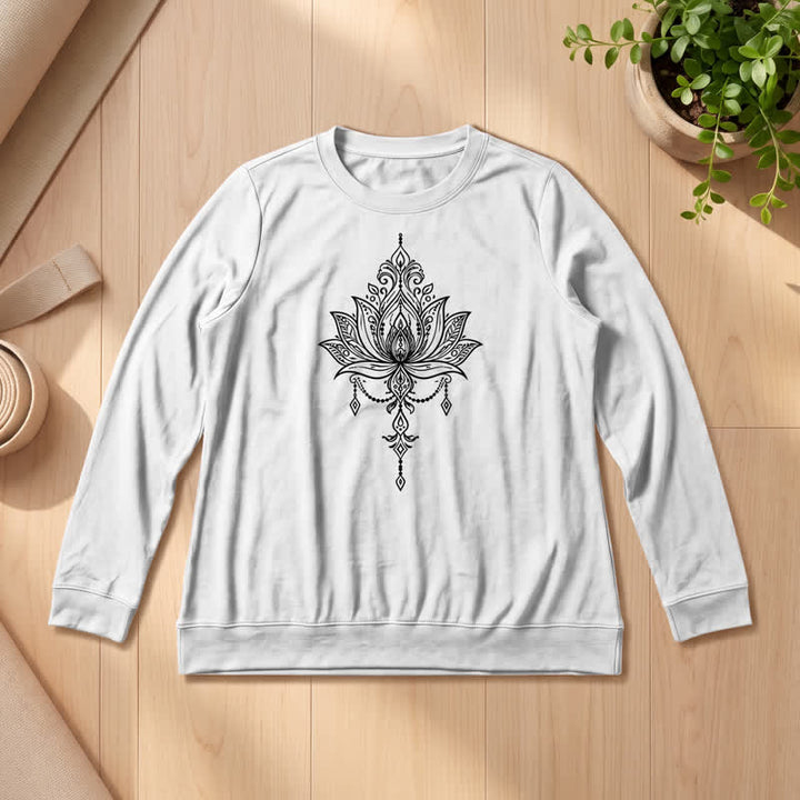 Olivenorma Soft Cotton Blend Ornate Lotus Print Women's Long Sleeve Shirt - White - 2XL - image 3