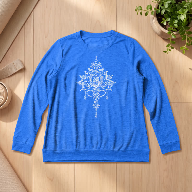 Olivenorma Soft Cotton Blend Ornate Lotus Print Women's Long Sleeve Shirt - Vintage Blue - 2XL - image 18