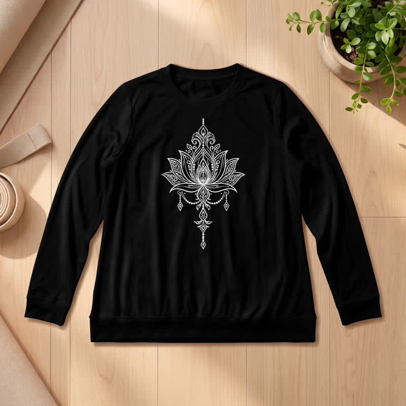 Olivenorma Soft Cotton Blend Ornate Lotus Print Women's Long Sleeve Shirt - Black - 2XL - image 6