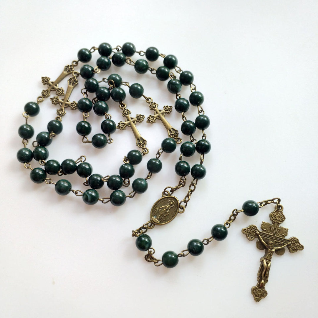 Olivenorma Malachite Copper Cross Pendant Rosary Necklace