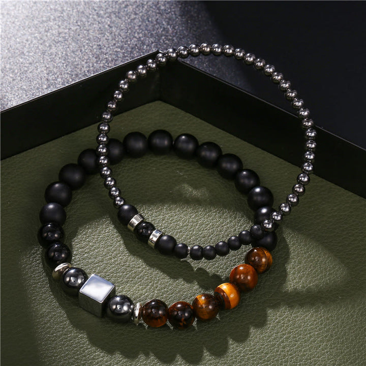 Olivenorma Frosted Tiger Eye Black Cube Stretch Bracelet Set