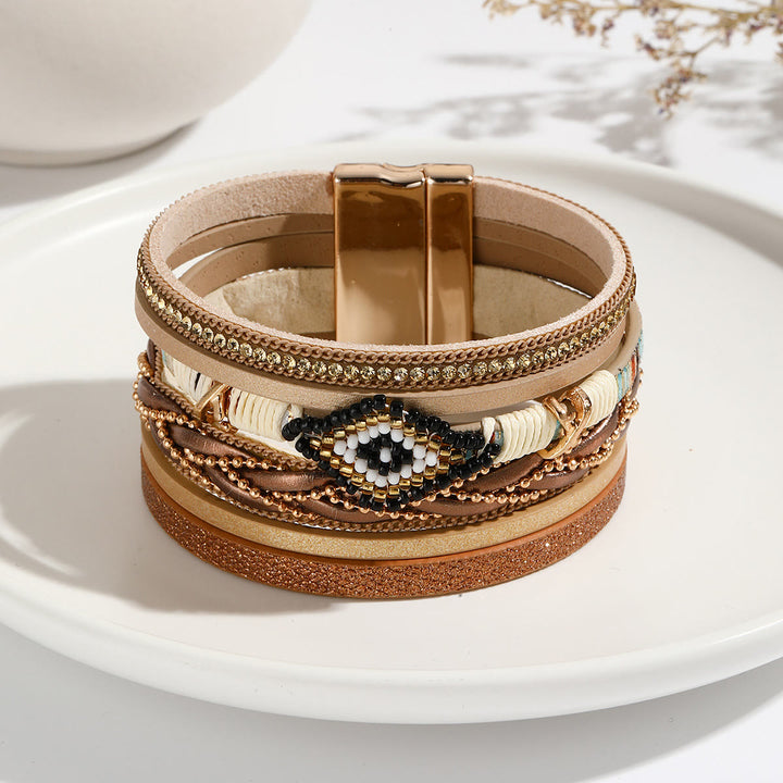 Olivenorma Zircon Rice Beads Woven Evil Eye Metal Wide Bracelet