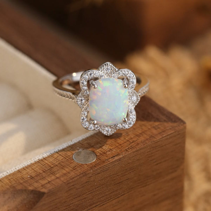 Olivenorma Opal White Zircon Engraved Design Engagement Ring