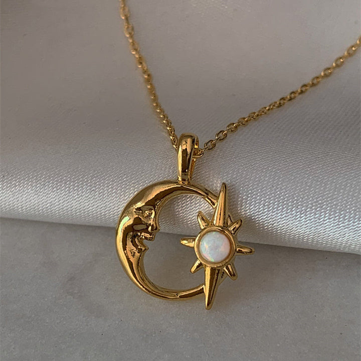 Olivenorma Natural Opal Hollow Star Moon Clavicle Necklace