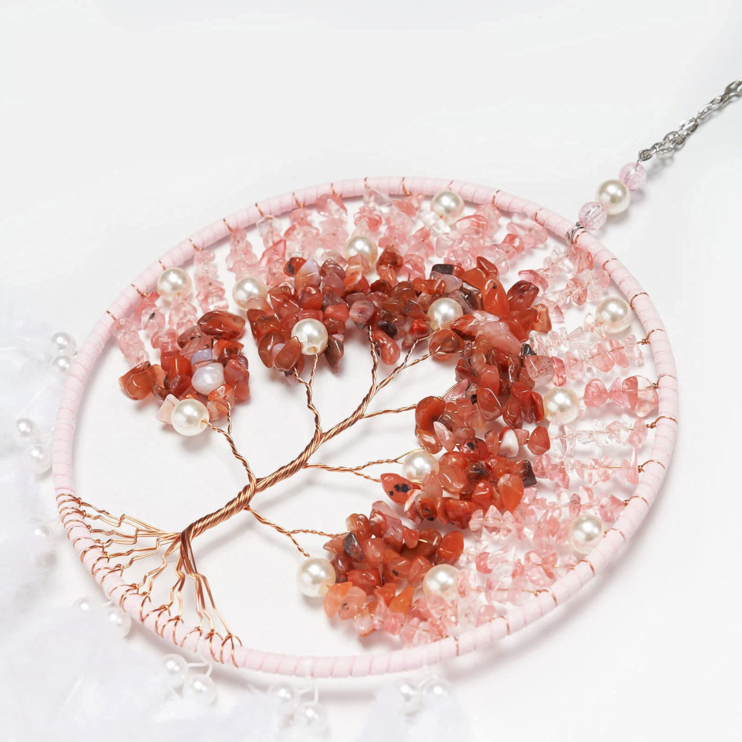 Olivenorma Crystal Tree of Life Pink Feather Dream Catcher