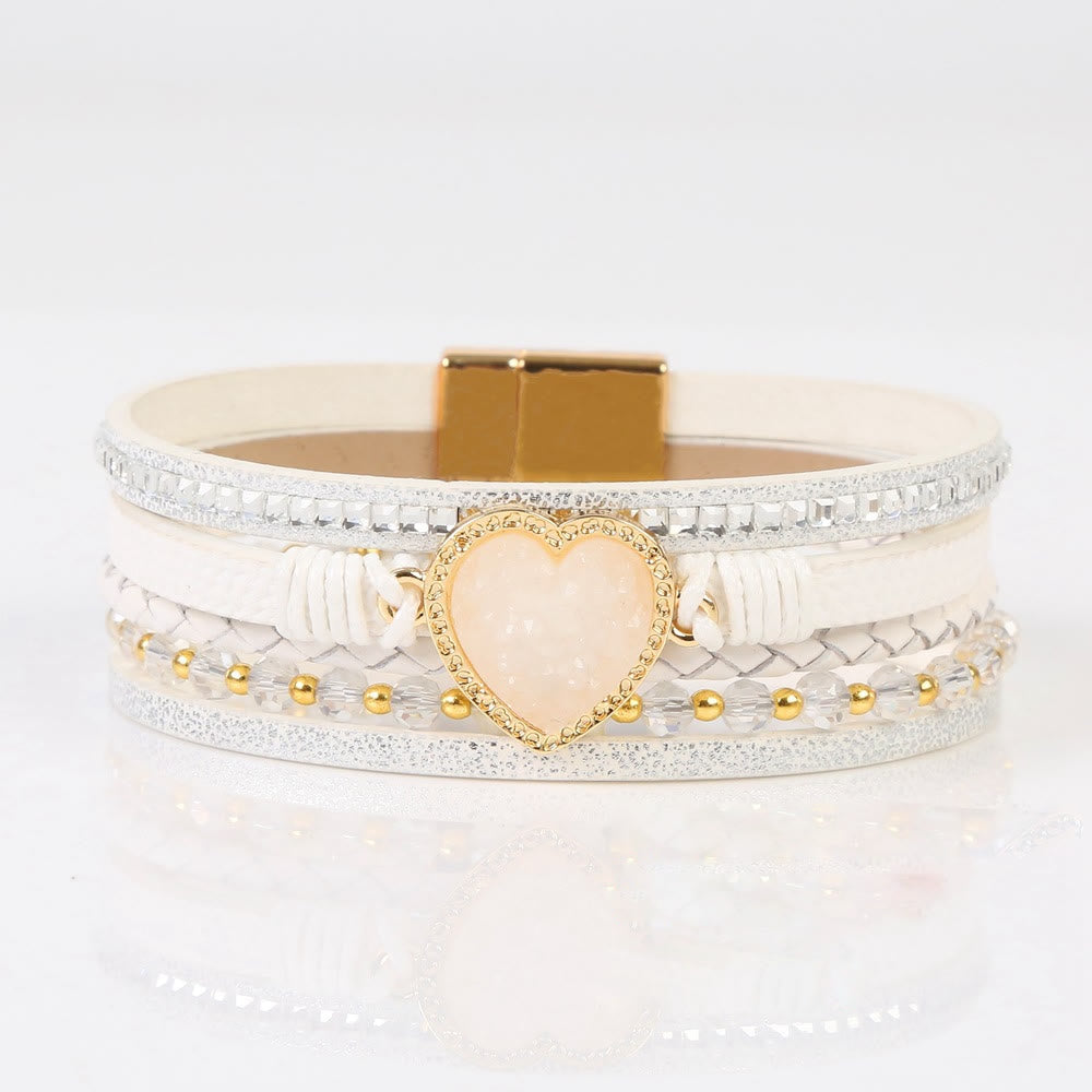 Olivenorma Heart Shape Cluster Multilayer Braided Leather Bracelet