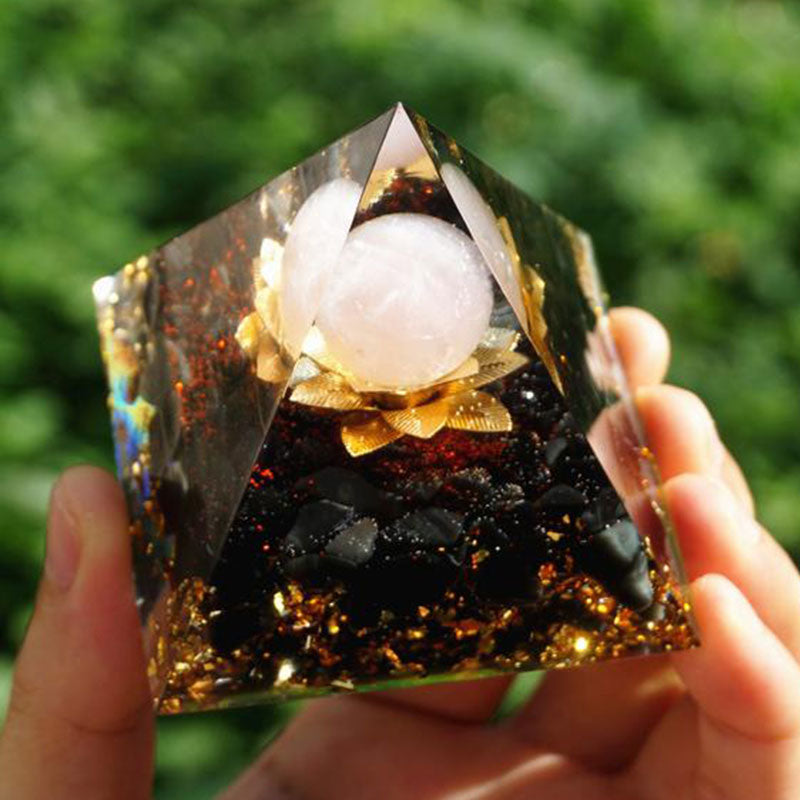 Clear Quartz Obsidian Lotus Symbol Orgone Pyramid