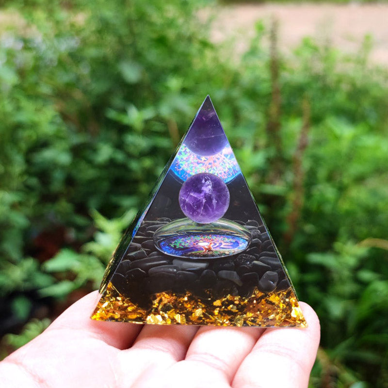 Olivenorma Amethyst Crystal Sphere with Obsidian Natural Crystal Orgone Pyramid