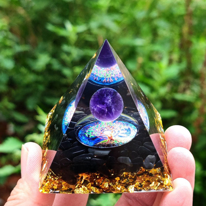 Olivenorma Amethyst Crystal Sphere with Obsidian Natural Crystal Orgone Pyramid