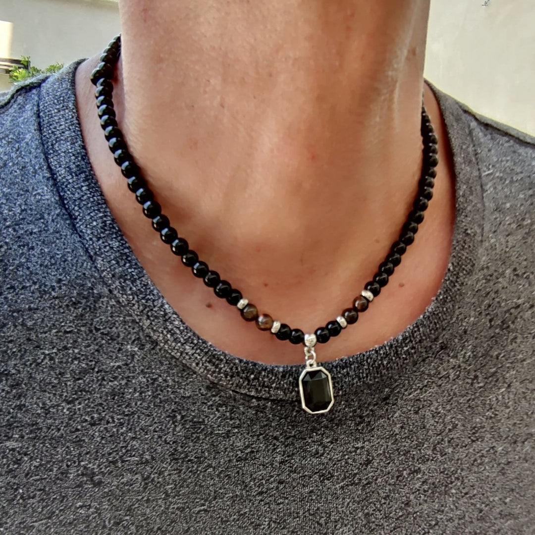 Olivenorma Tiger Eye Obsidian Beaded Men Titanium Steel Necklace