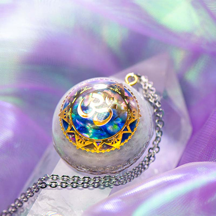 Olivenorma Clear Crystal OM Mandala Healing Orgone Necklace