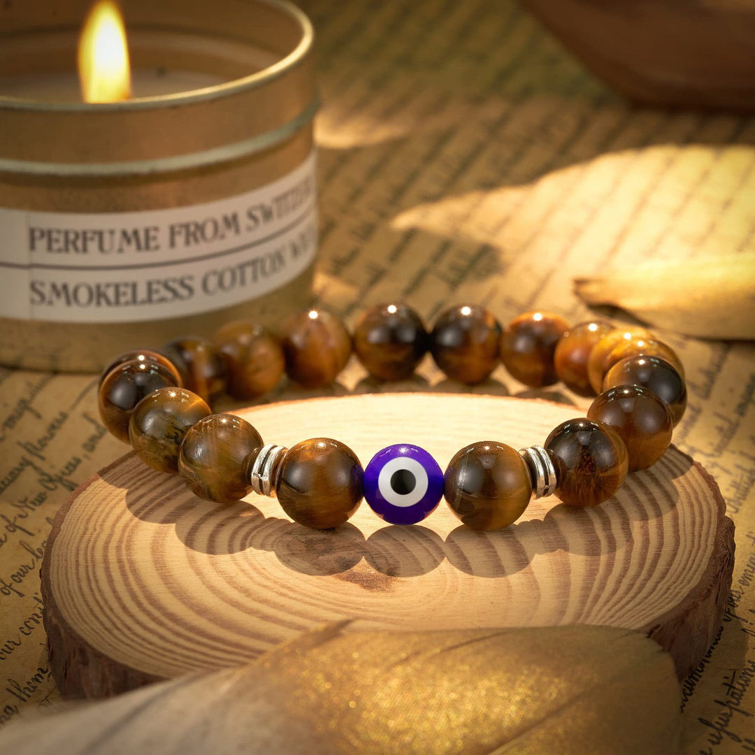 Olivenorma Tiger Eye Obsidian Evil Eye Beaded Mens Bracelet