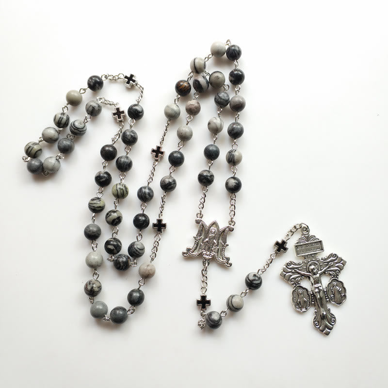 Olivenorma Black Network Agate Holy Mother Cross Rosary Necklace