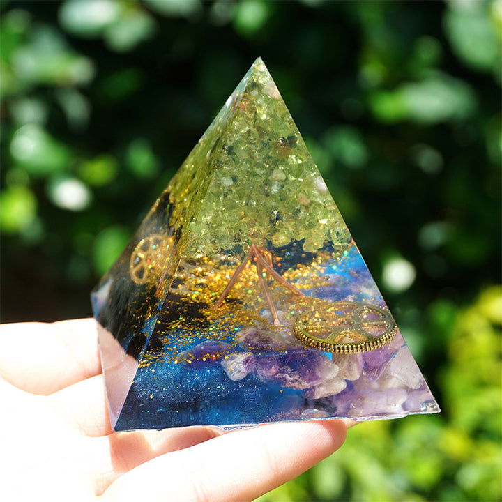 Olivenorma Peridot Amethyst With Black Tourmaline Orgone Pyramid