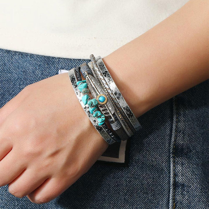 Olivenorma Brown Vintage Turquoise Multi-layer Leather Bracelet
