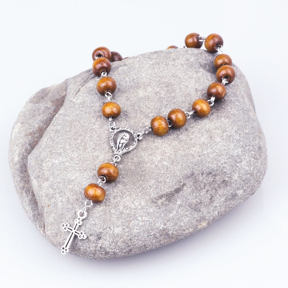 Olivenorma Wooden Beads Christianity Virgin Mary Cross Rosary Bracelet