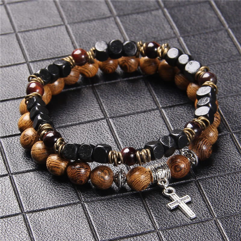 Olivenorma Natural Stone Bead Cross Pendant Double Layer Men Bracelet