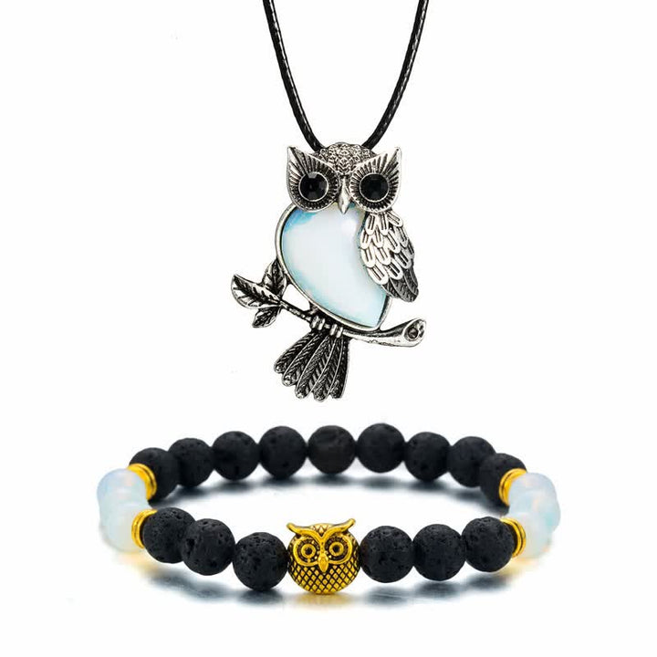 SPIRITUAL ENERGY - Owl Gemstone Necklace with Bracelet Gift Set - Opal - Leather Chain - image 30