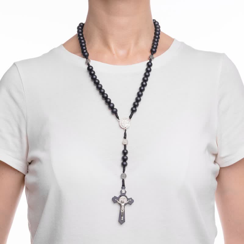 Olivenorma Madonna Cross Black Onyx Rosary Necklace