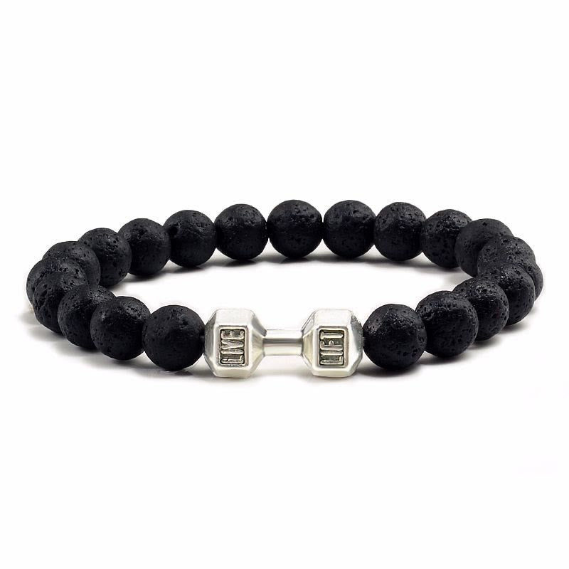 Olivenorma "Live Life" Dumbbells Natural Stone Beads Bracelet - Lava Stone - Silver Barbell - 21cm - image 1