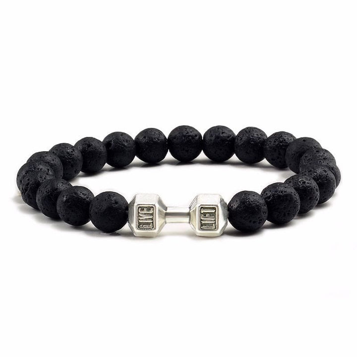 Olivenorma "Live Life" Dumbbells Natural Stone Beads Bracelet - Lava Stone - Silver Barbell - 21cm - image 1