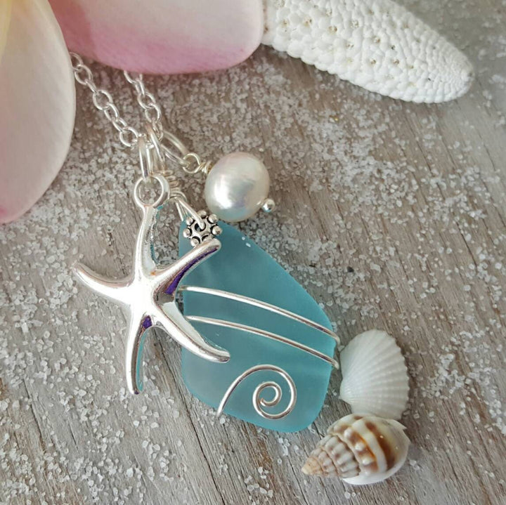 Olivenorma Sea Glass Pearl Starfish Necklace