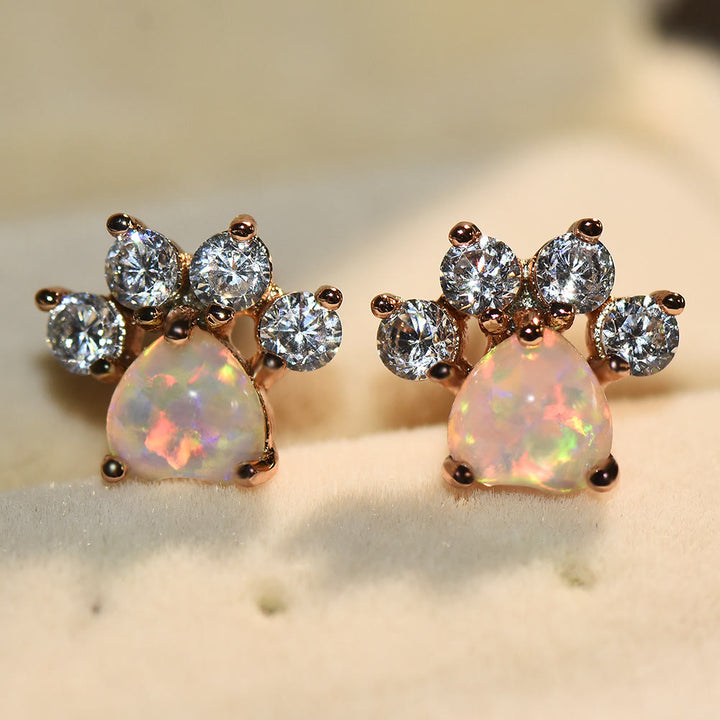 Olivenorma Kawaii Opal White Zircon Kitty Paw Earrings