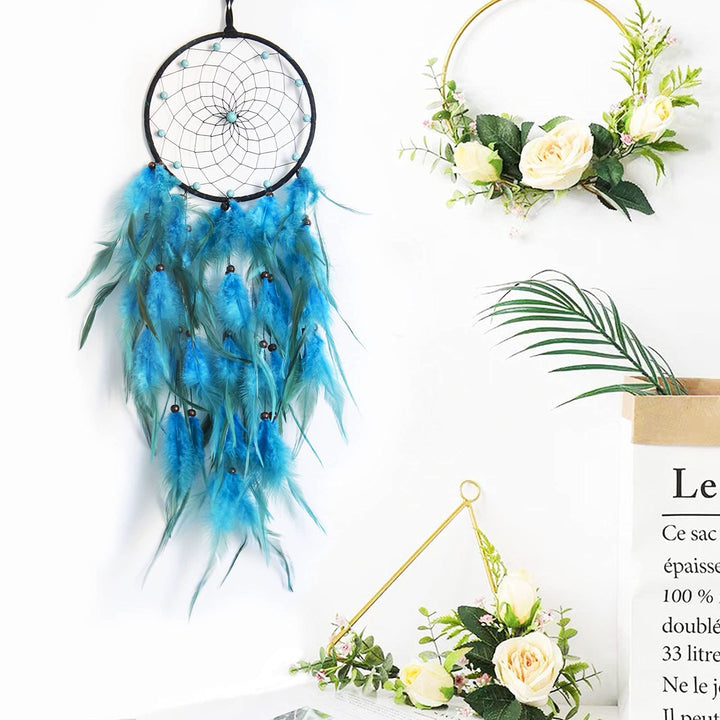 Olivenorma Turquoise Beaded Braided Floral Blue Feather Dream Catcher