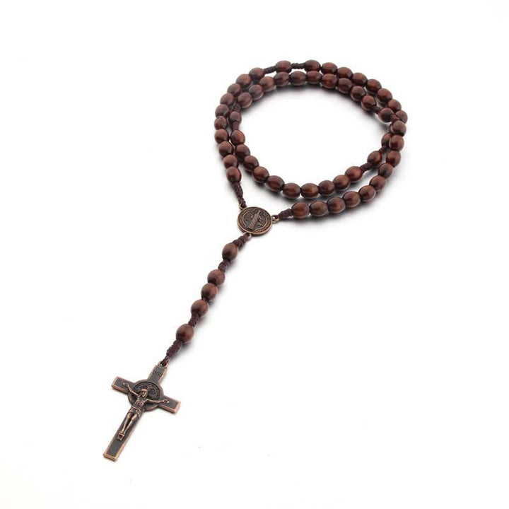 Olivenorma Knitted Vintage Cross Wood Rosary Necklace