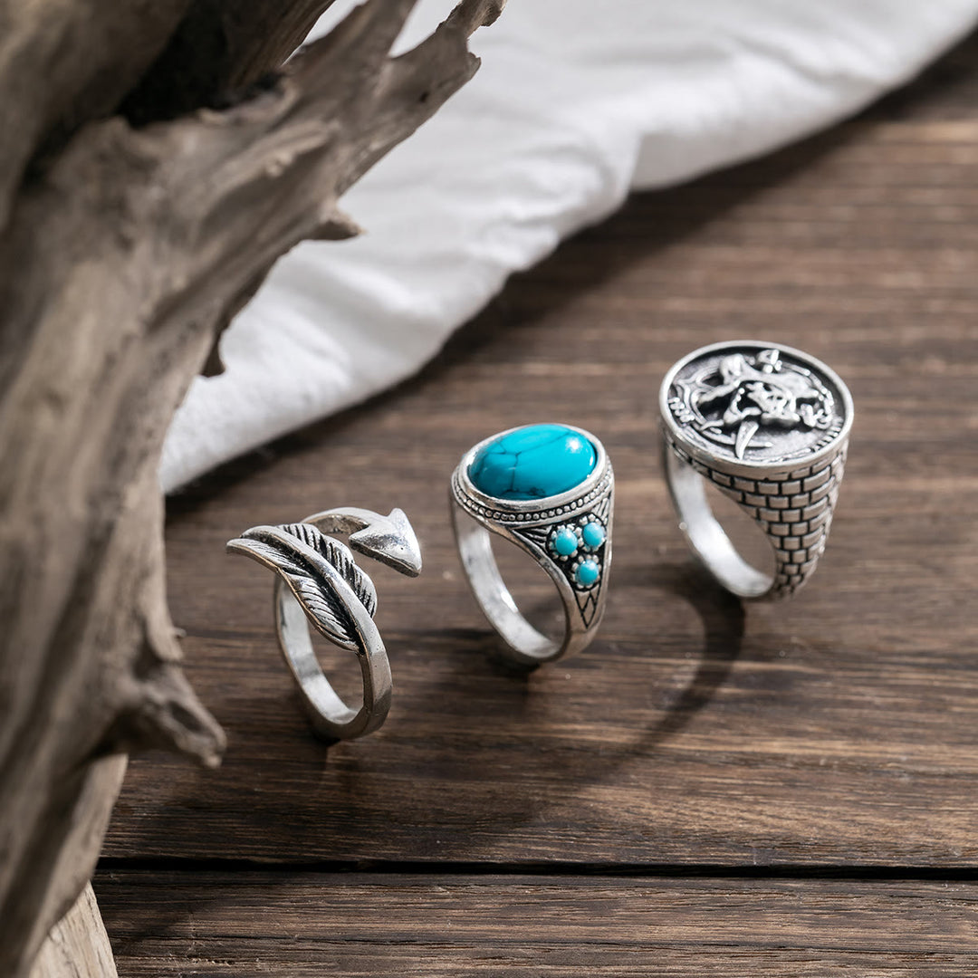 Olivenorma Turquoise Silver Arrow Feather Skull Ring Set