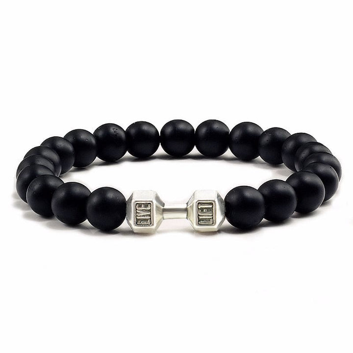 Olivenorma "Live Life" Dumbbells Natural Stone Beads Bracelet - Black Onyx - Silver Barbell - 21cm - image 7