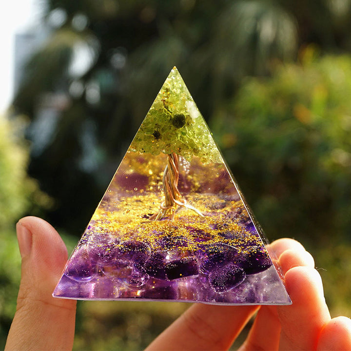 Olivenorma Harmony Roots Amethyst & Peridot Tree of Life Orgone Pyramid - image 3