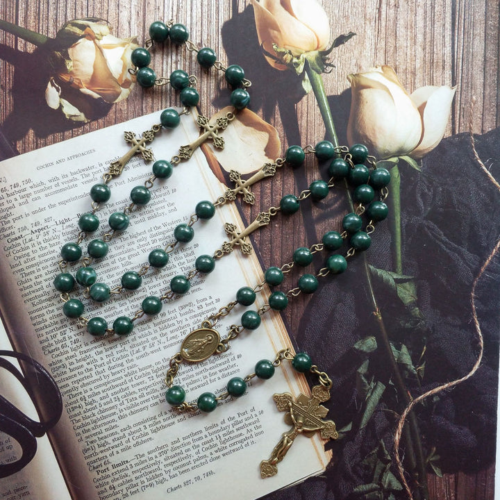 Olivenorma Malachite Copper Cross Pendant Rosary Necklace