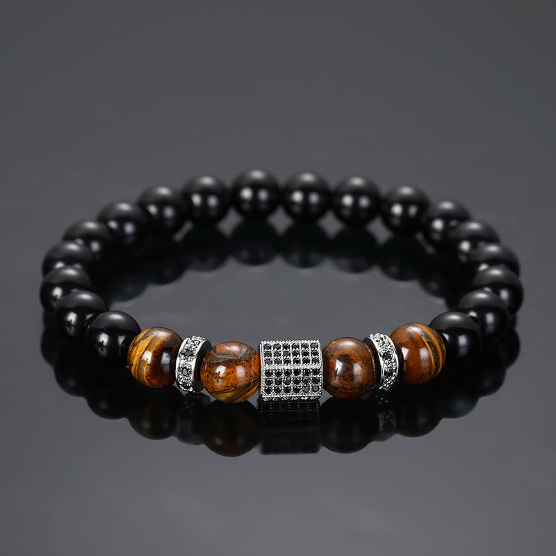 Olivenorma Men's Frosted Black Bead Tiger Eye Bracelet - Glossy Surface - Silver - image 2
