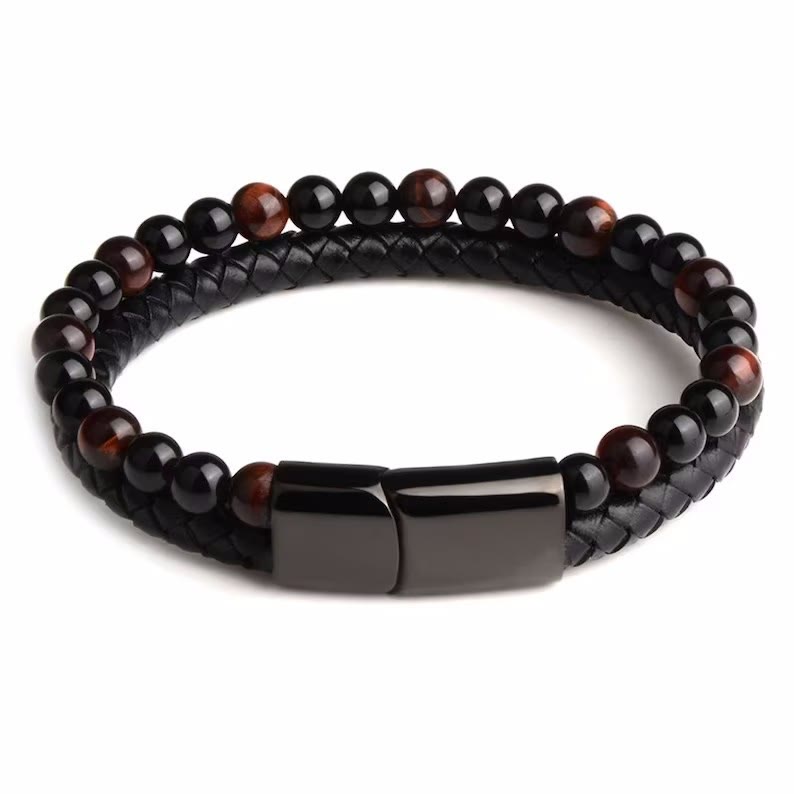 Olivenorma Natural Tiger Eye Leather Rope Double Layer Bracelet - Red Tiger Eye - image 8