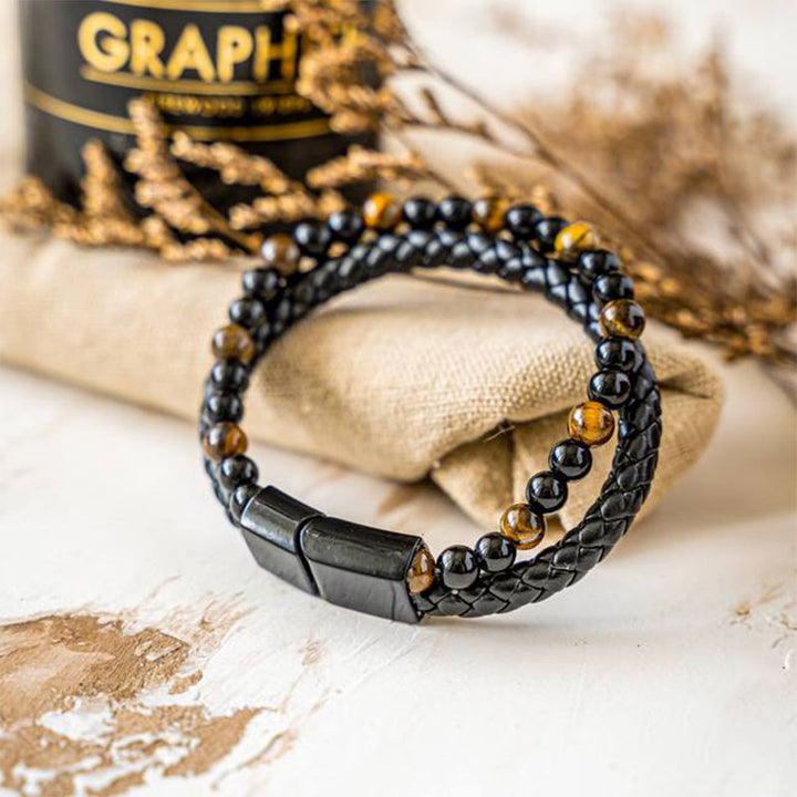 Tiger Eye Men Leather Woven Bracelet