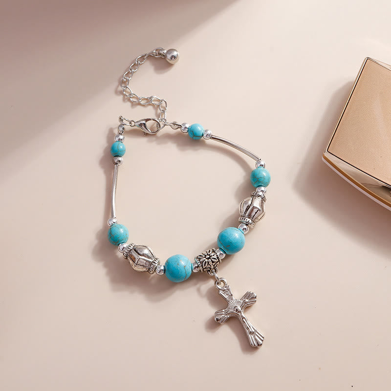 Olivenorma Turquoise Beaded Silver Cross Pendant Bracelet