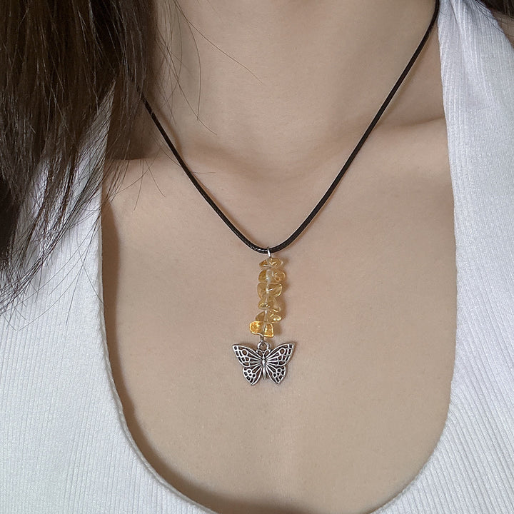 Olivenorma Natural Stone Butterfly Tassel Leather Wax Thread Necklace