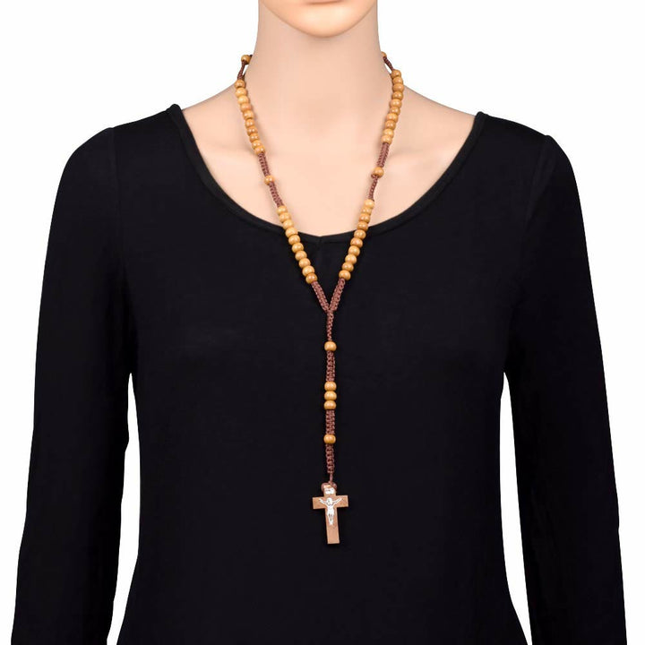 Olivenorma Cross Wooden Mala Bead Rosary Necklace